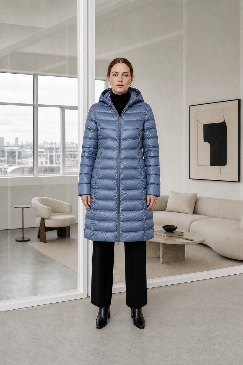Anika | Hooded Down Jacket in Haze Blue, studio front view