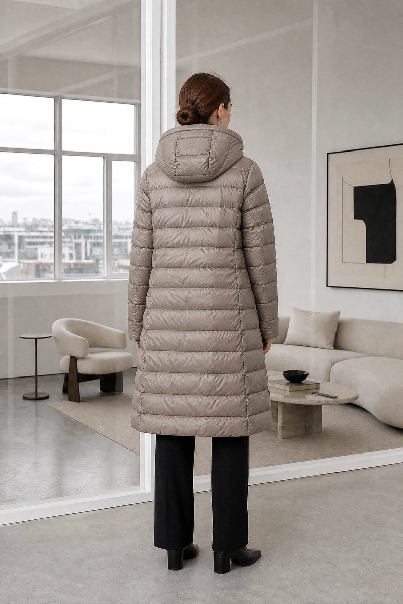 Anika | Hooded Down Jacket in Khaki, studio back view