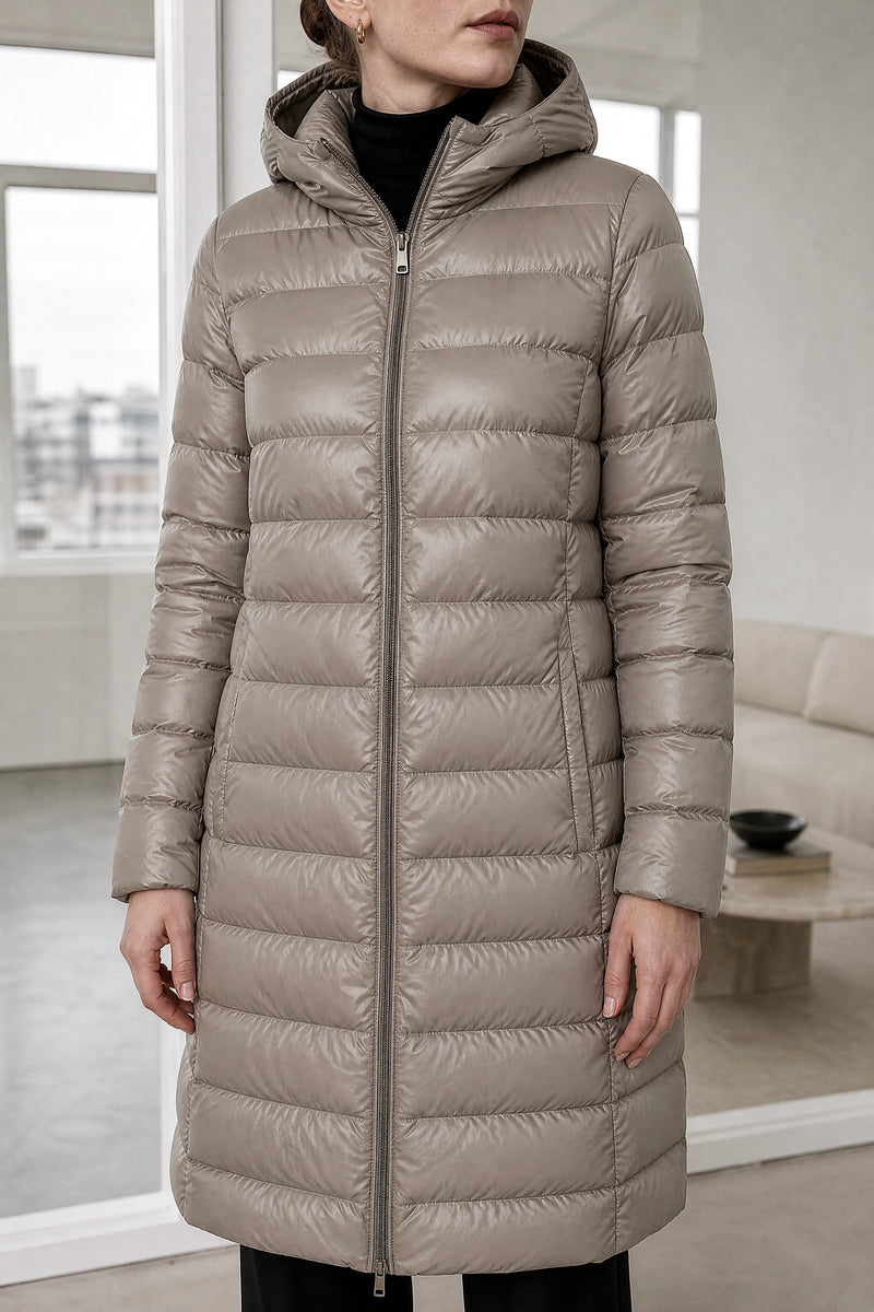Anika | Hooded Down Jacket in Khaki, fabric close-up