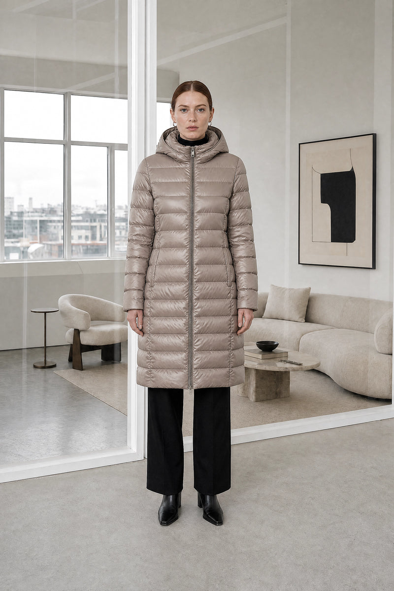 Anika | Hooded Down Jacket in Khaki, studio front view