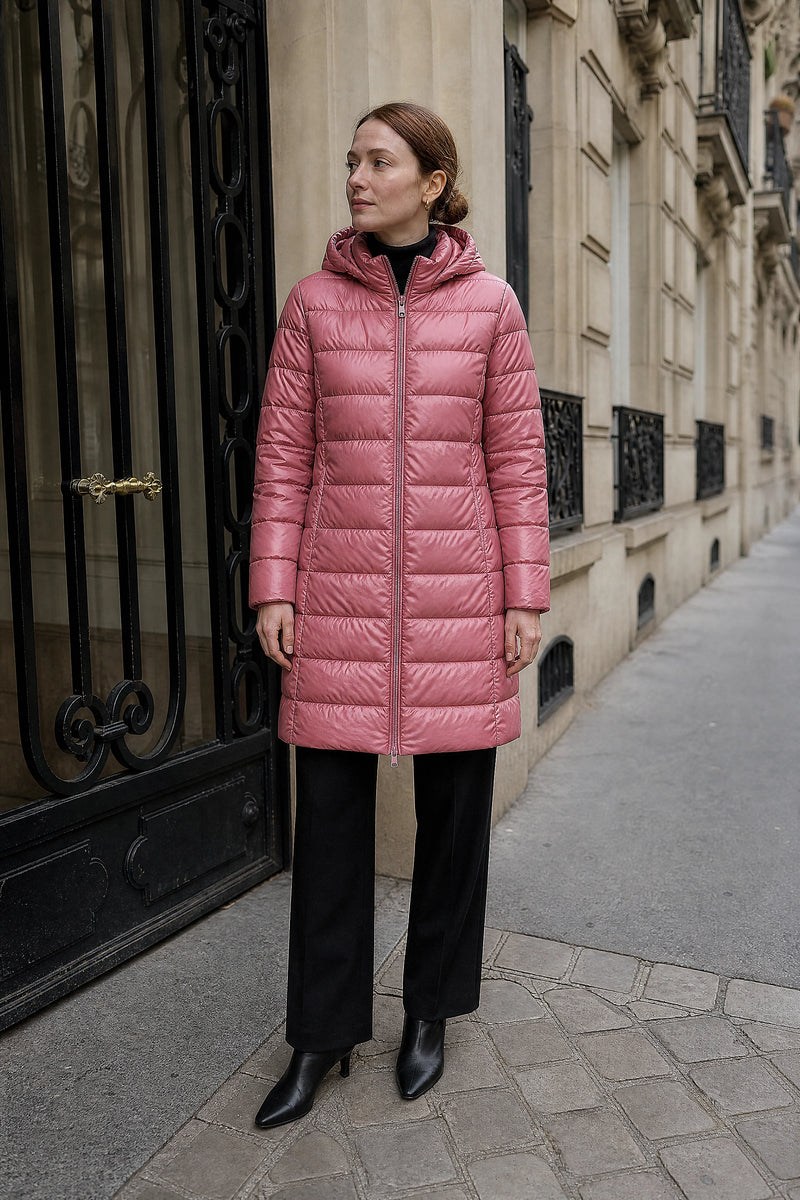 SOFAINE-V7-LIFE-Anika | Hooded Down Jacket in Leather Pink, street-style view