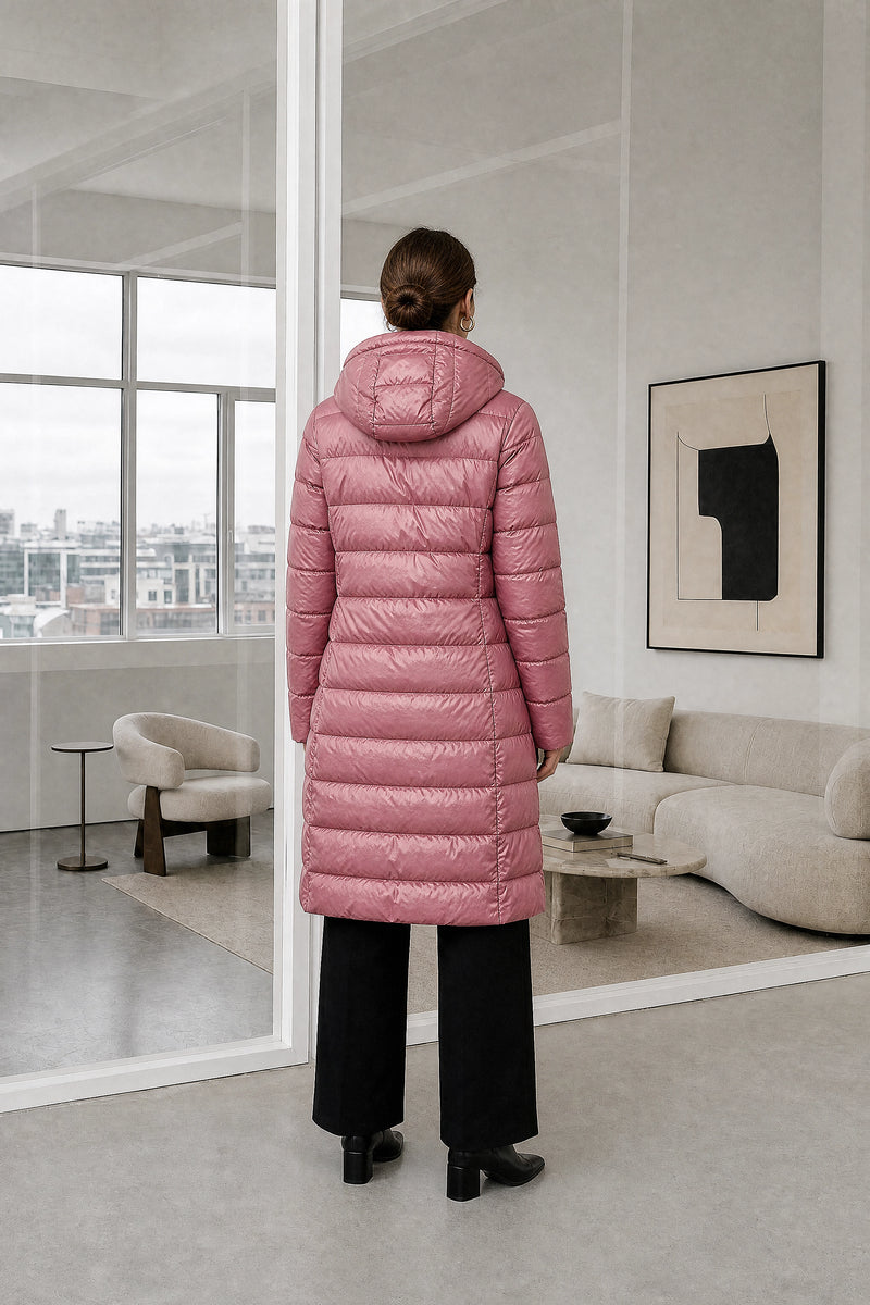 Anika | Hooded Down Jacket in Leather Pink, studio back view