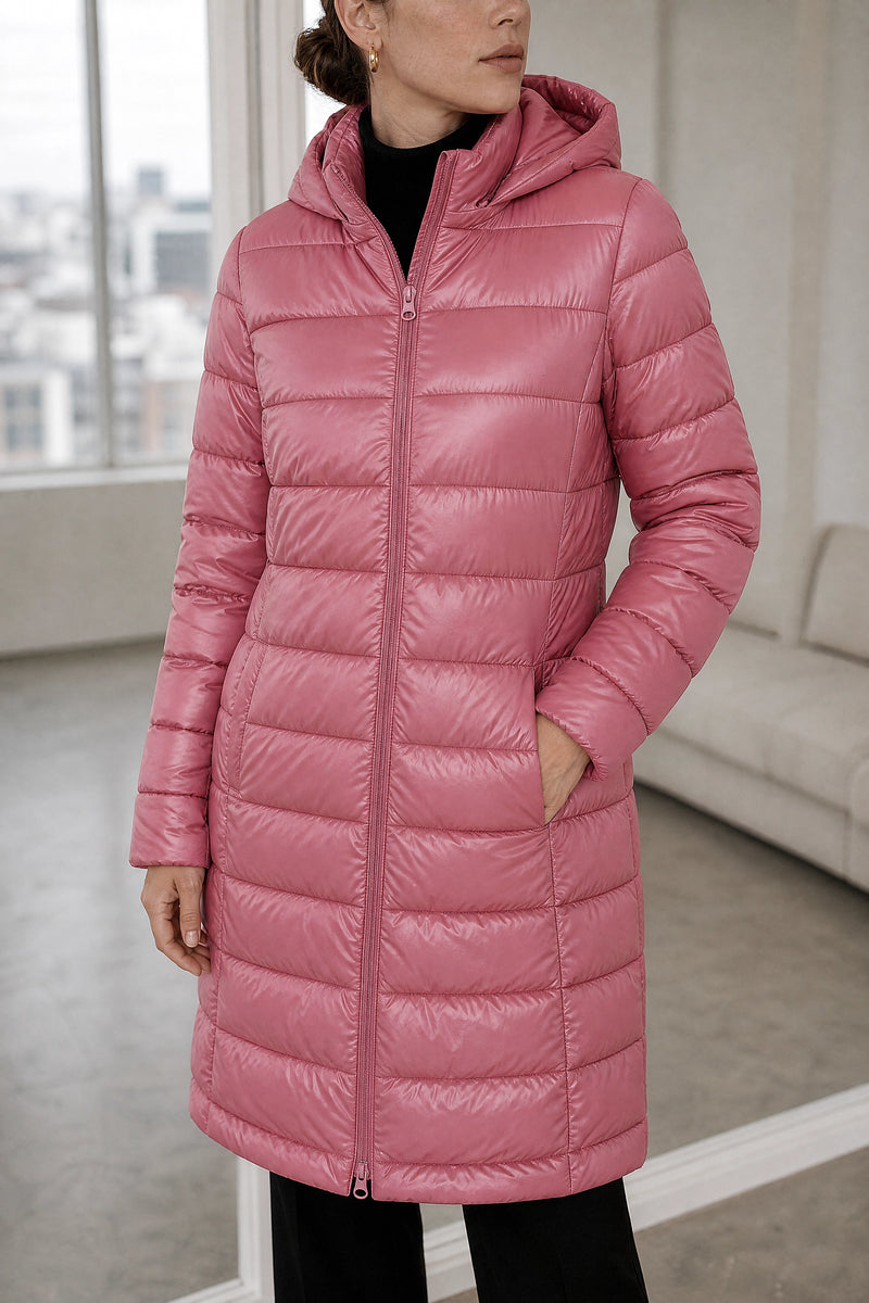 Anika | Hooded Down Jacket in Leather Pink, fabric close-up