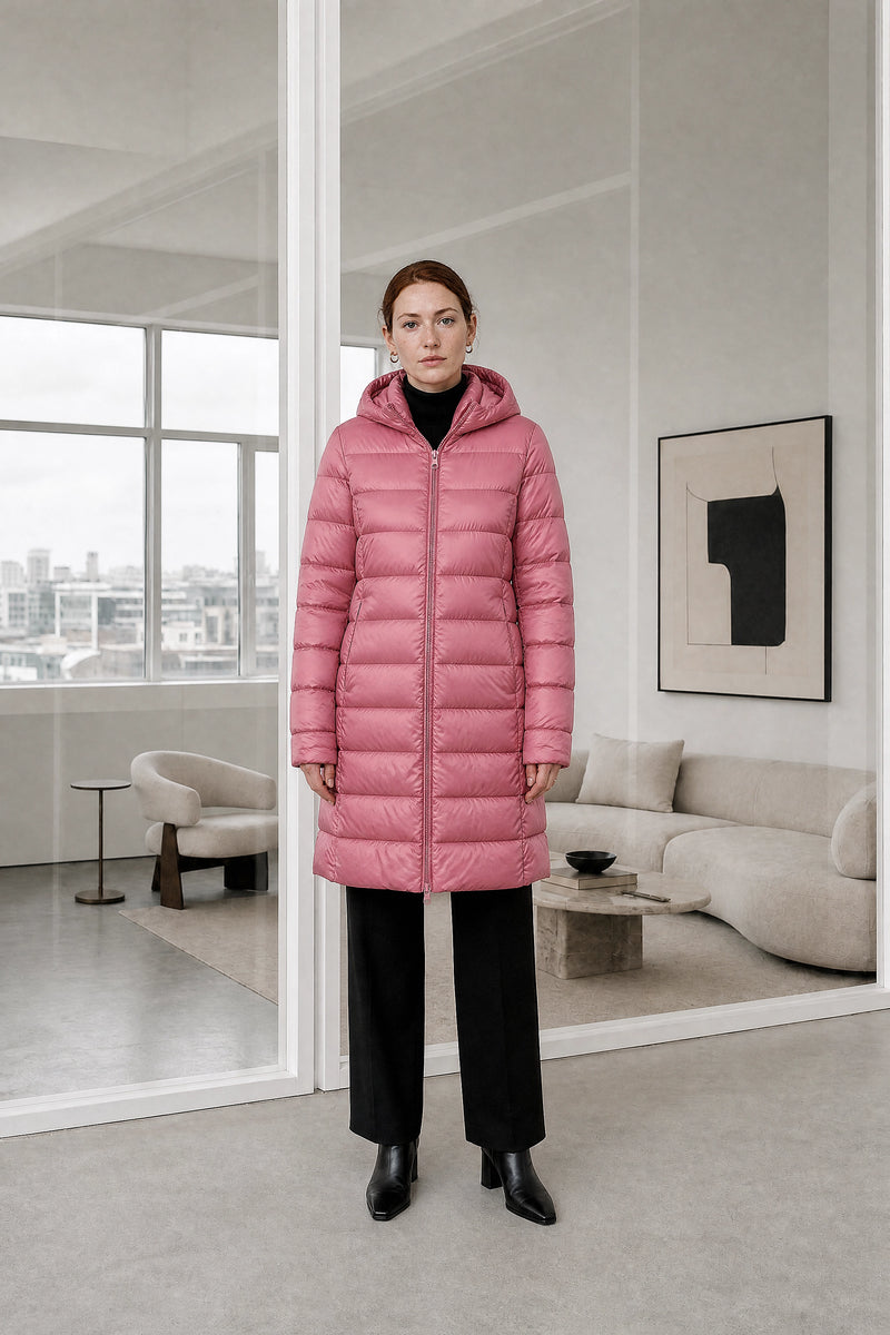 Anika | Hooded Down Jacket in Leather Pink, studio front view
