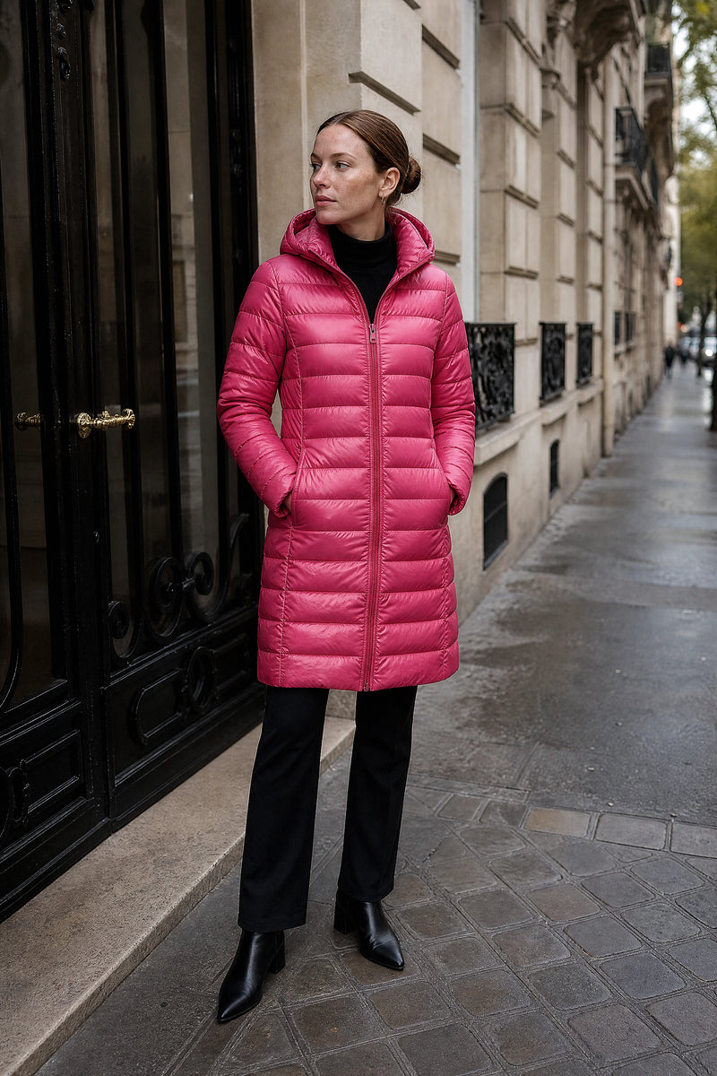 SOFAINE-V7-LIFE-Anika | Hooded Down Jacket in Rose Red, street-style view
