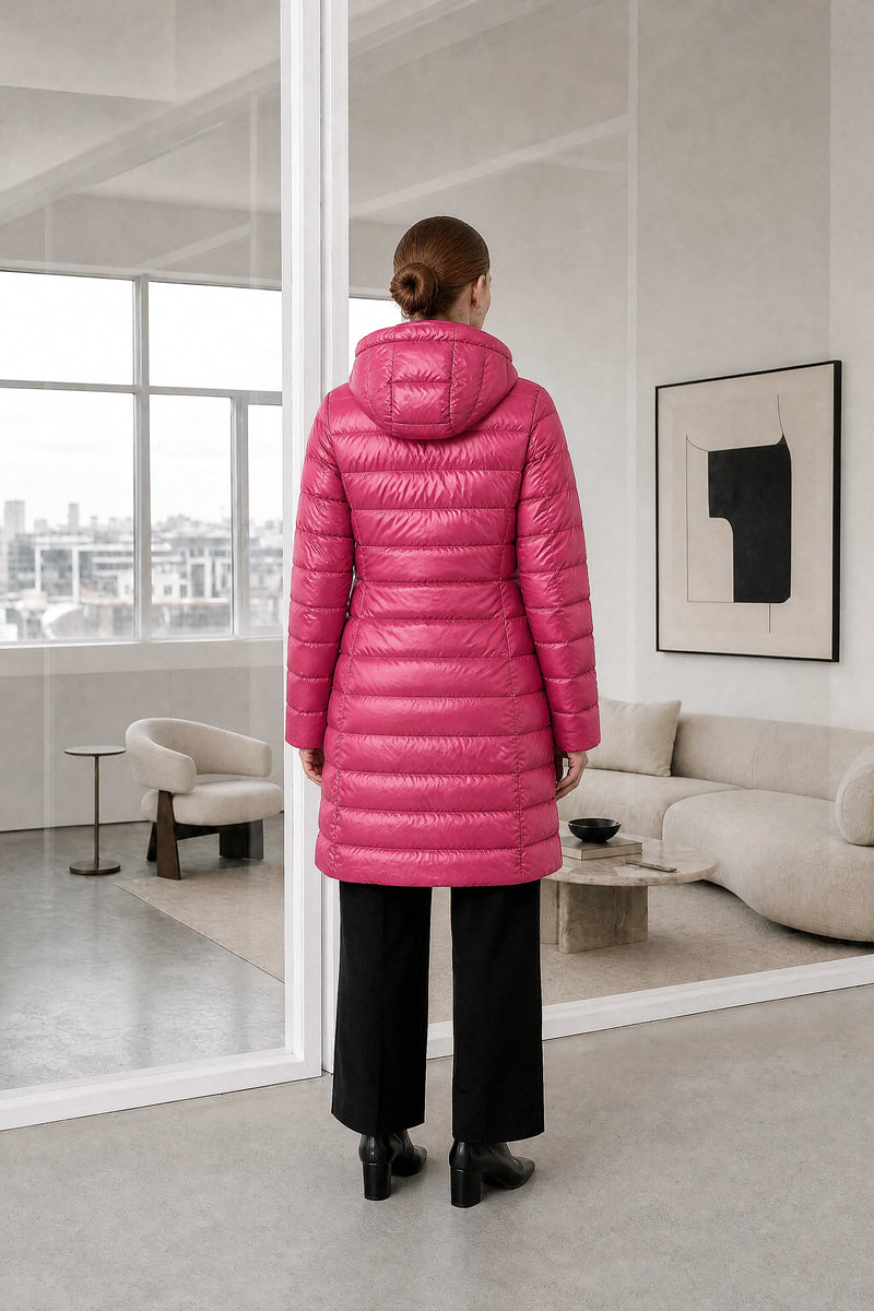 Anika | Hooded Down Jacket in Rose Red, studio back view