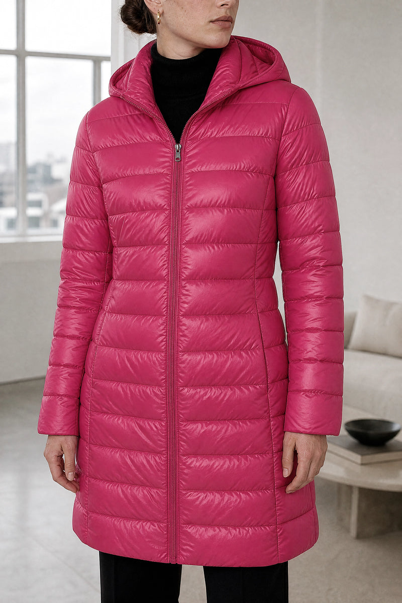 Anika | Hooded Down Jacket in Rose Red, fabric close-up