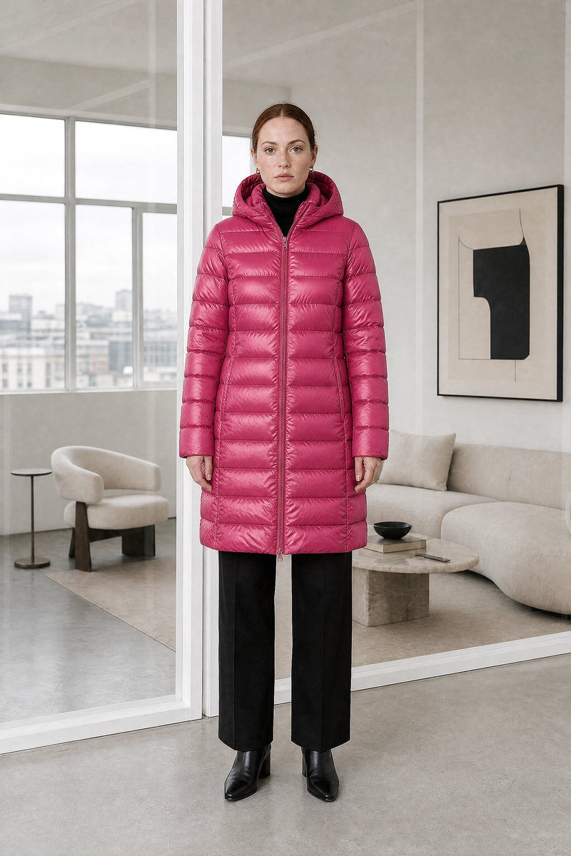 Anika | Hooded Down Jacket in Rose Red, studio front view