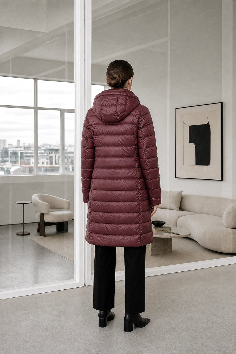 Anika | Hooded Down Jacket in Wine Red, studio back view