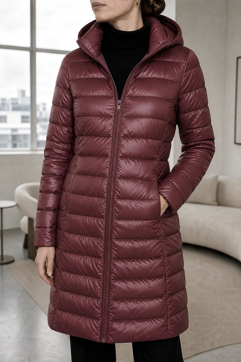 Anika | Hooded Down Jacket in Wine Red, fabric close-up