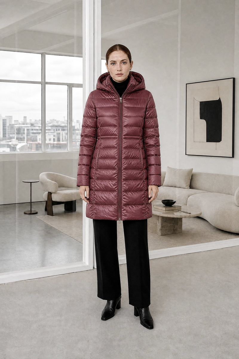 Anika | Hooded Down Jacket in Wine Red, studio front view