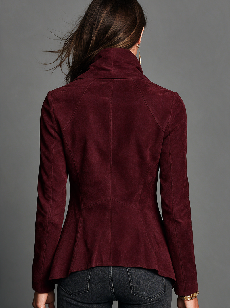 Asymmetric Zip Faux Suede Jacket for Women with Draped Collar in Deep Burgundy, back view