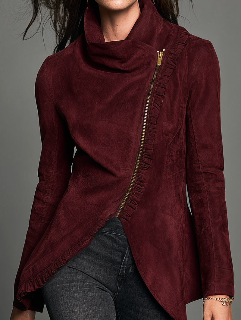Asymmetric Zip Faux Suede Jacket for Women with Draped Collar in Deep Burgundy, front close-up
