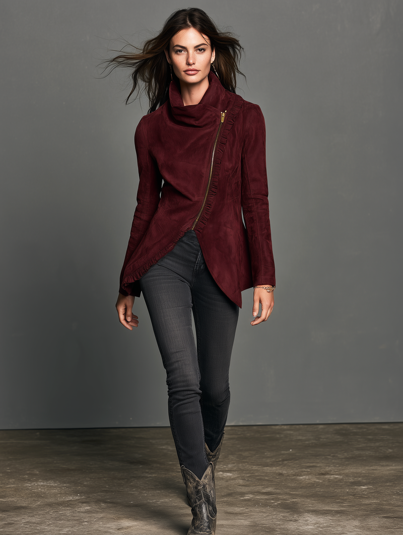 Asymmetric Zip Faux Suede Jacket for Women with Draped Collar in Deep Burgundy, full length view