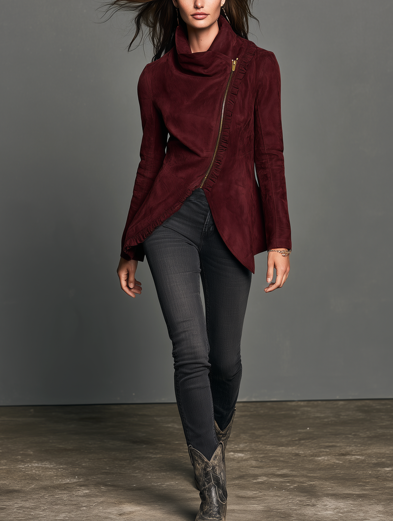 Asymmetric Zip Faux Suede Jacket for Women with Draped Collar in Deep Burgundy, three-quarter view