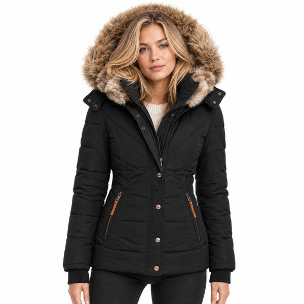 Sofaine Anna quilted winter jacket in black with faux fur hood up, worn front view