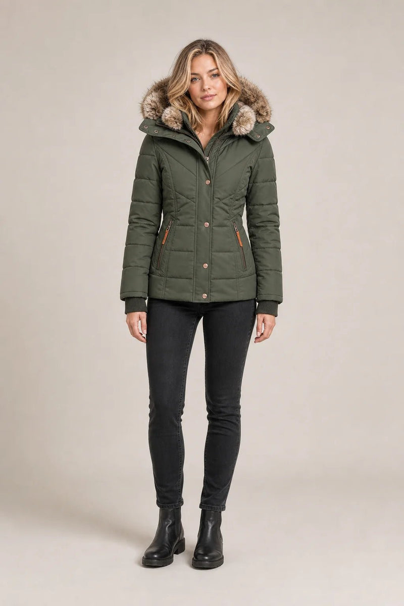 Sofaine Anna quilted winter jacket in olive green with faux fur hood, worn front view