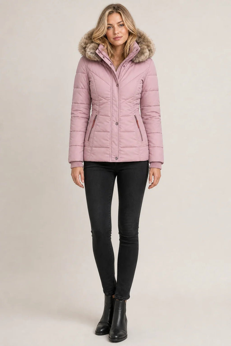 Sofaine Anna quilted winter jacket in dusty pink with faux fur hood, worn front view