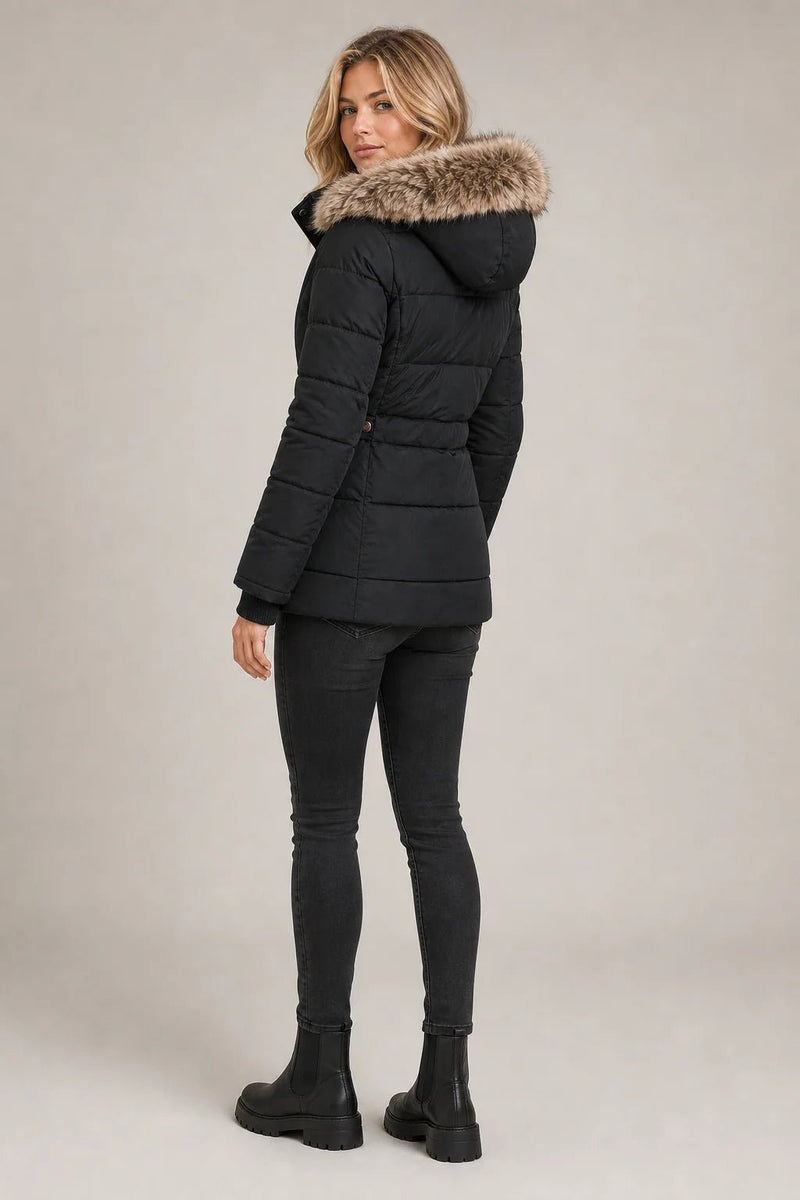 Sofaine Anna quilted winter jacket in black with faux fur trimmed hood, back view