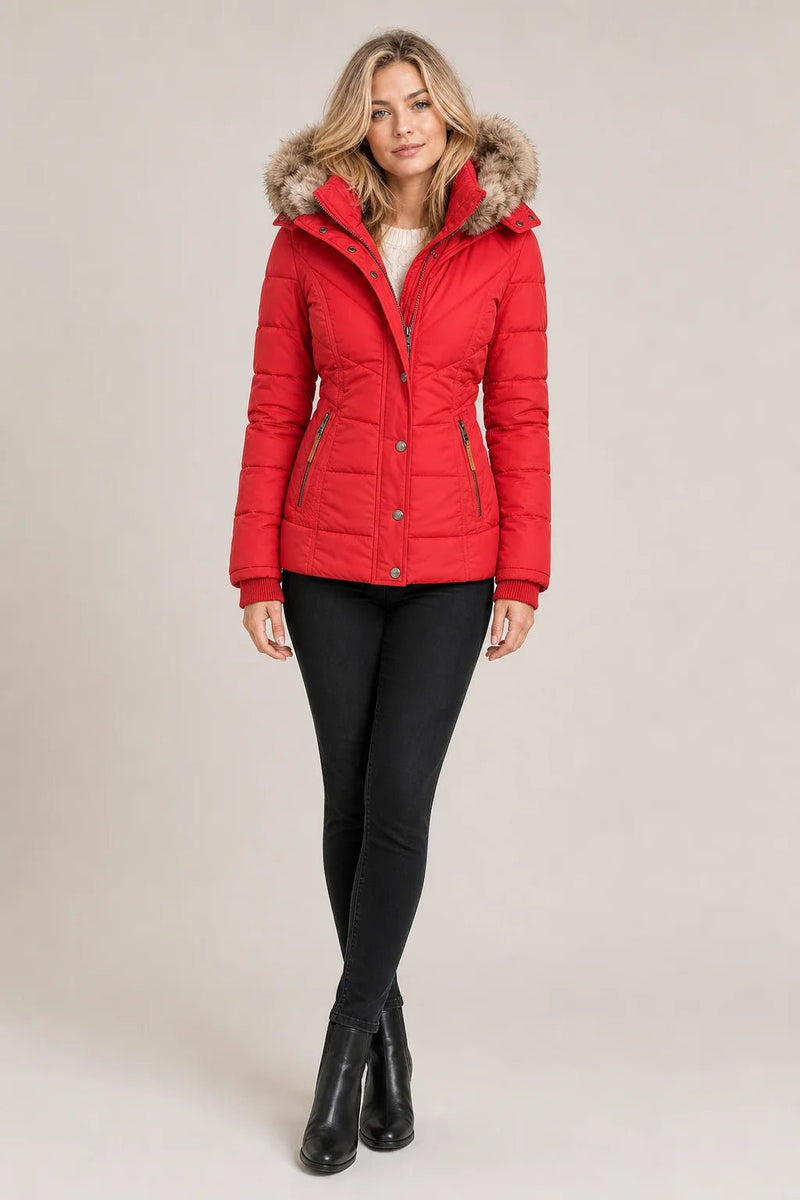 Sofaine Anna quilted winter jacket in red with faux fur hood, worn front view