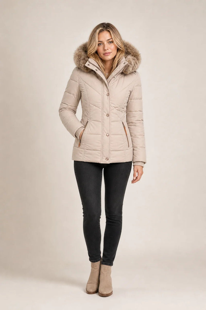 Sofaine Anna quilted winter jacket in beige with faux fur hood, worn front view