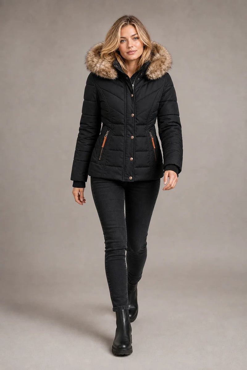 Sofaine Anna quilted winter jacket in black with skinny jeans, styled full look