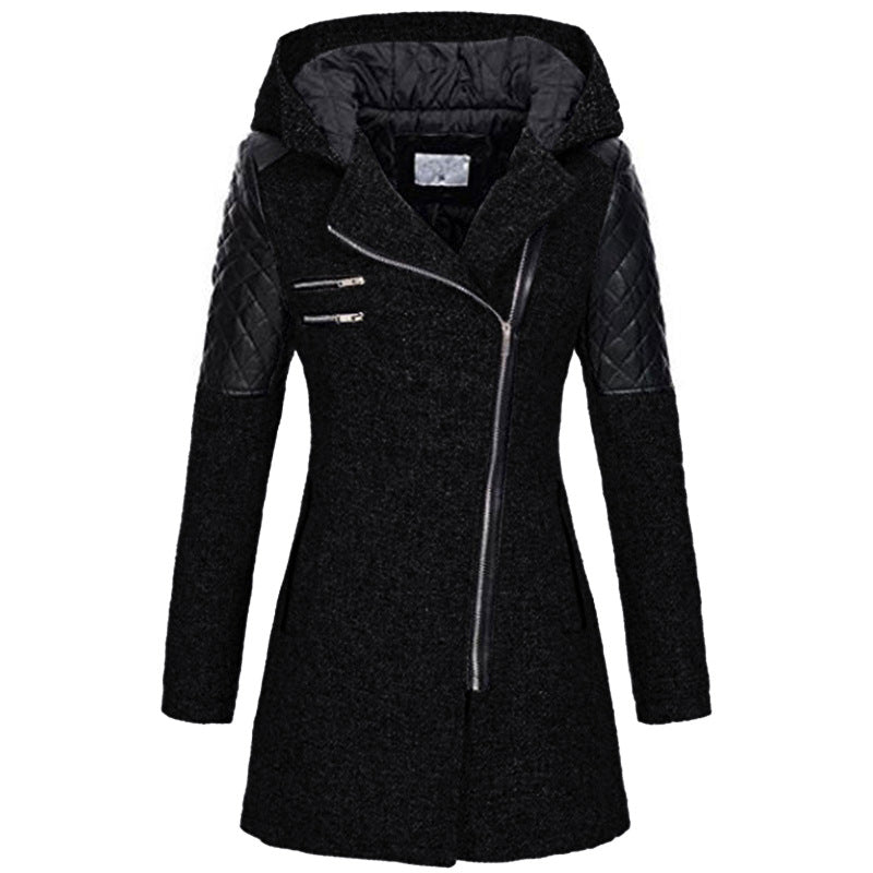 Hooded Tweed-Look Coat for Women with Asymmetric Zip and Faux Leather Trim in Black, front view