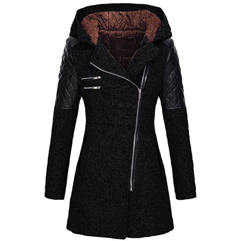 Hooded Tweed-Look Coat for Women with Asymmetric Zip and Faux Leather Trim in Black, front view with brown hood lining