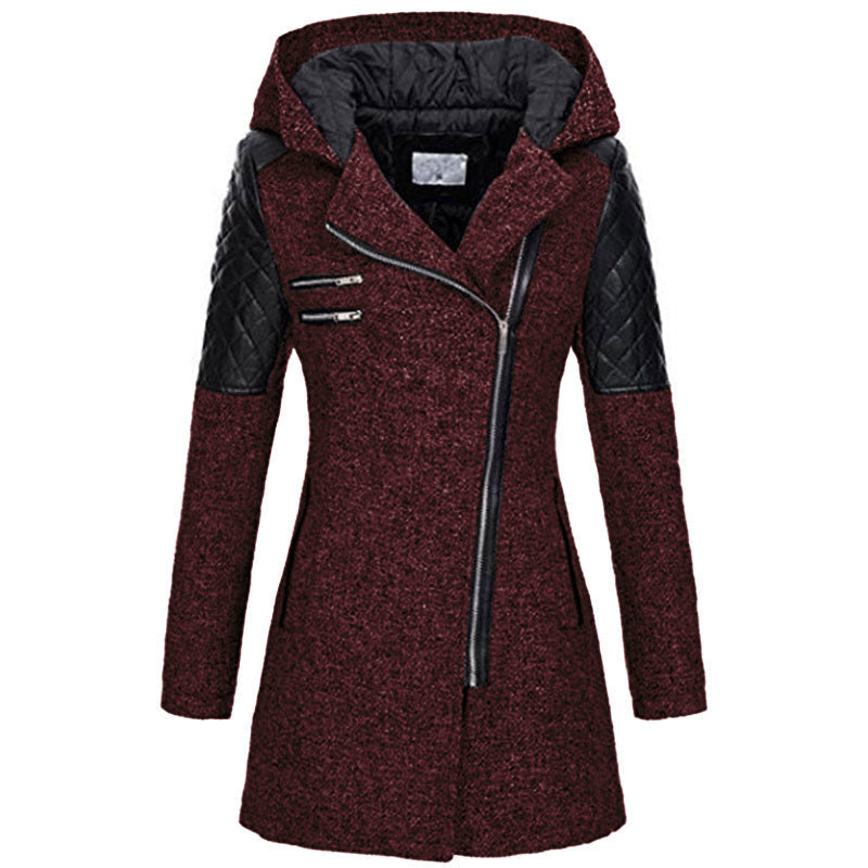 Hooded Tweed-Look Coat for Women with Asymmetric Zip and Faux Leather Trim in Burgundy, front view