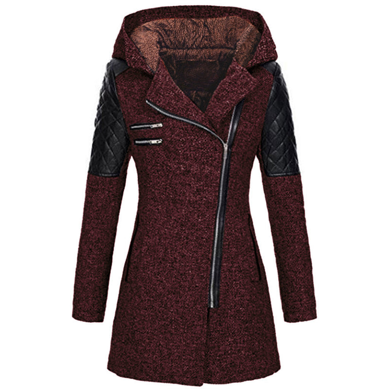 Hooded Tweed-Look Coat for Women with Asymmetric Zip and Faux Leather Trim in Burgundy, front view with brown hood lining