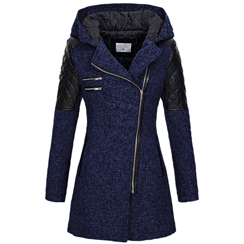 Hooded Tweed-Look Coat for Women with Asymmetric Zip and Faux Leather Trim in Dark Blue, front view