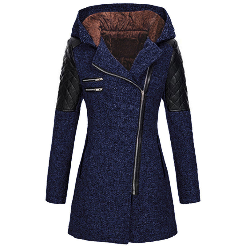 Hooded Tweed-Look Coat for Women with Asymmetric Zip and Faux Leather Trim in Dark Blue, front view with brown hood lining