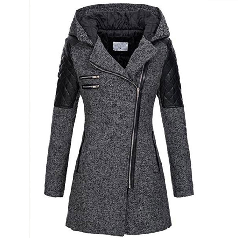 Hooded Tweed-Look Coat for Women with Asymmetric Zip and Faux Leather Trim in Dark Gray, front view