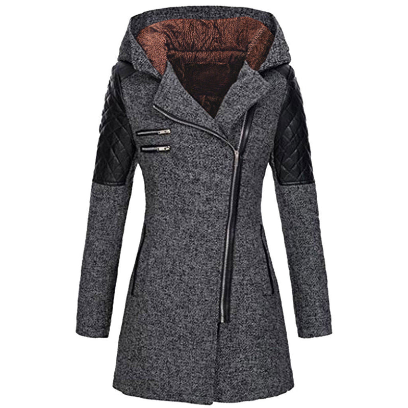 Hooded Tweed-Look Coat for Women with Asymmetric Zip and Faux Leather Trim in Dark Gray, front view with brown hood lining