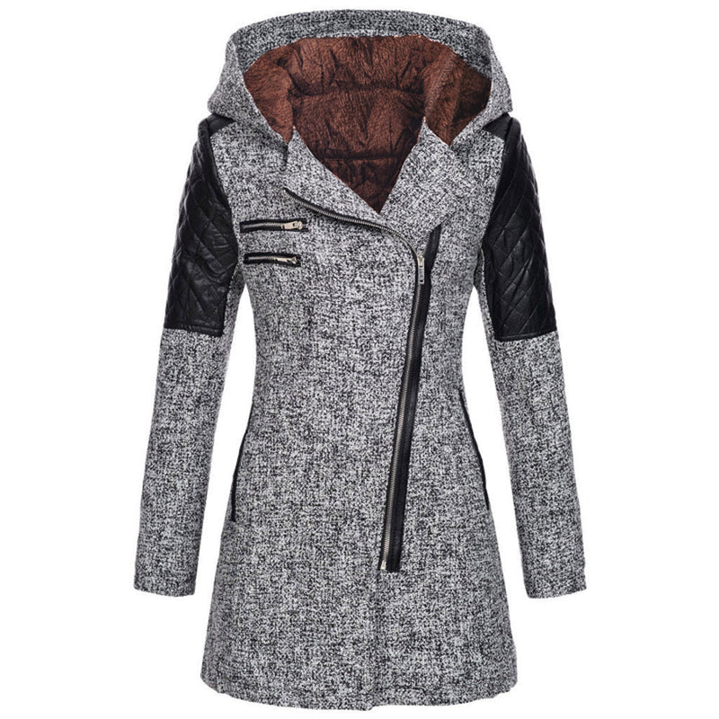 Hooded Tweed-Look Coat for Women with Asymmetric Zip and Faux Leather Trim in Light Gray, front view with brown hood lining