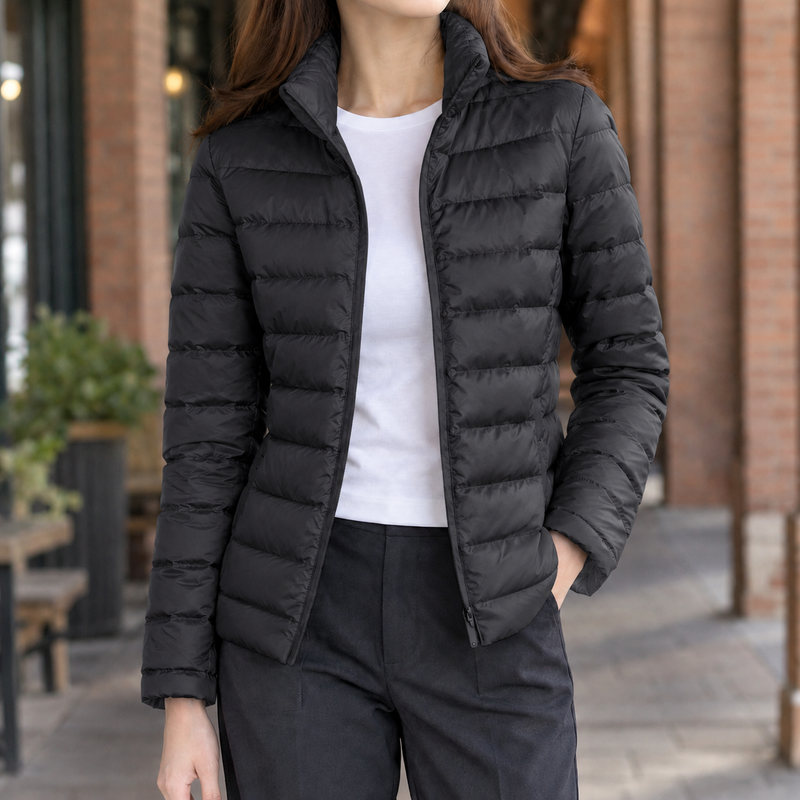 Slim Lightweight Puffer Jacket for Women with Stand Collar and Full Zip in Black, front view