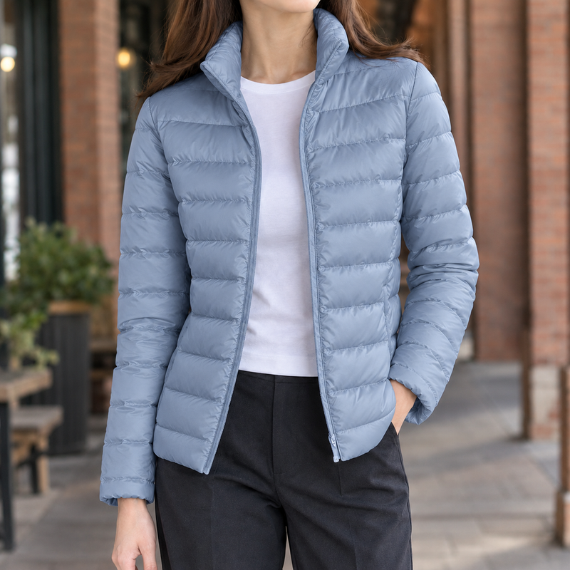 Slim Lightweight Puffer Jacket for Women with Stand Collar and Full Zip in Light Blue, front view