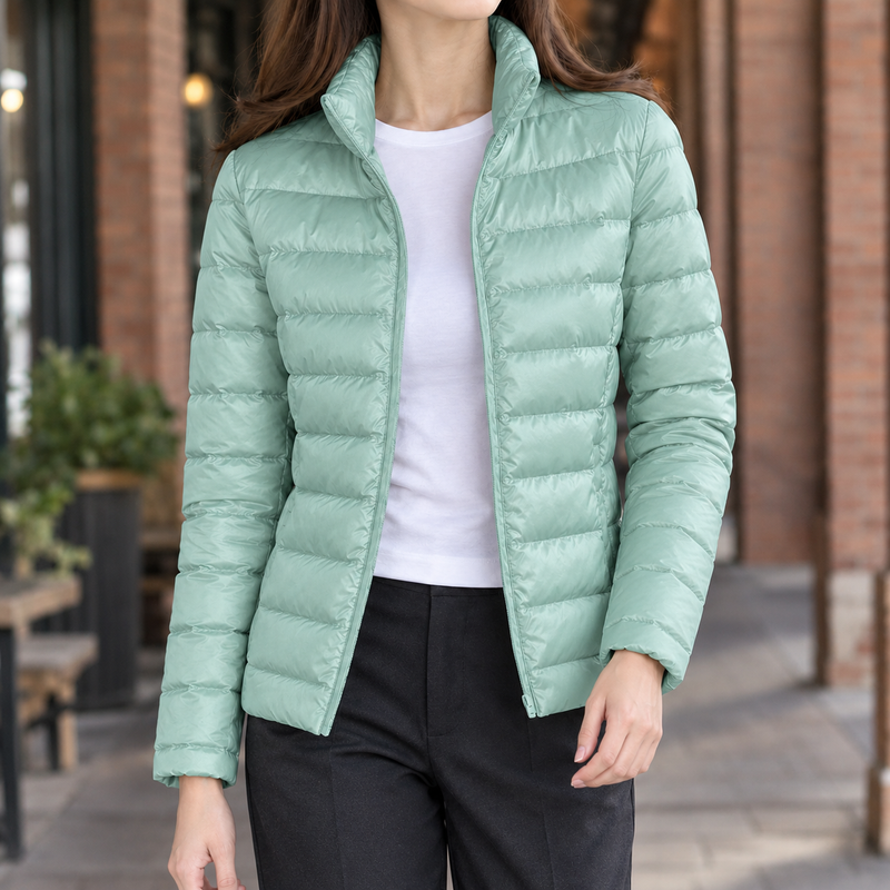 Slim Lightweight Puffer Jacket for Women with Stand Collar and Full Zip in Mint Green, front view