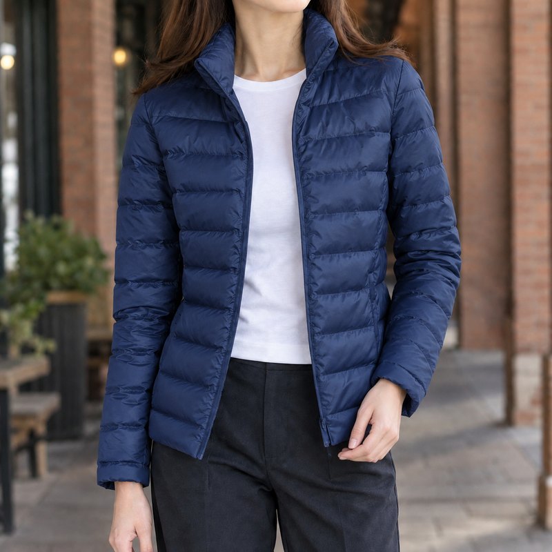 Slim Lightweight Puffer Jacket for Women with Stand Collar and Full Zip in Navy Blue, front view