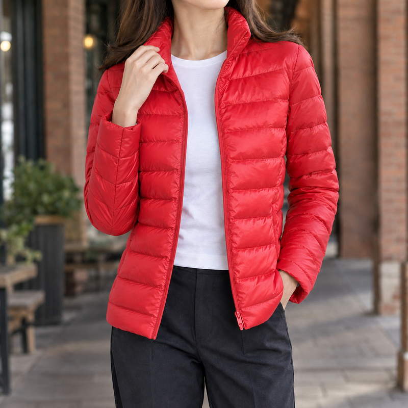 Slim Lightweight Puffer Jacket for Women with Stand Collar and Full Zip in Red, front view