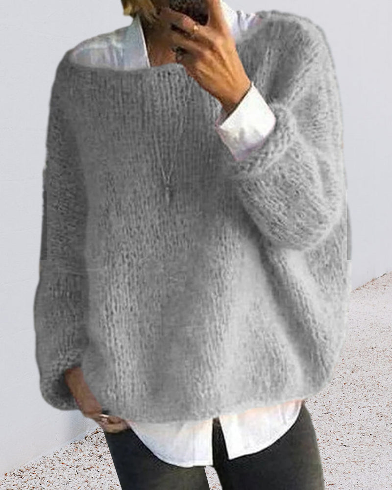 Oversized Fuzzy Sweater for Women with Boat Neck and Dropped Shoulders in Gray, front view