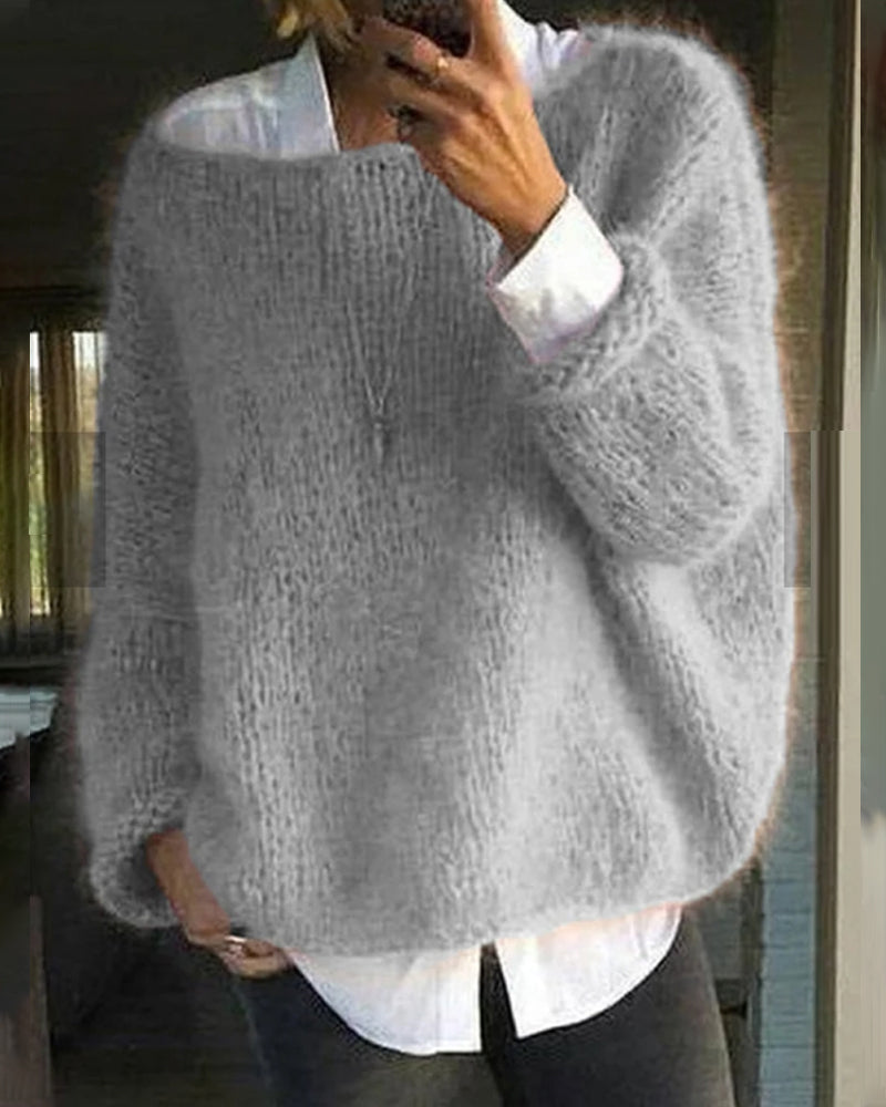 Oversized Fuzzy Sweater for Women with Boat Neck and Dropped Shoulders in Gray, front view indoors