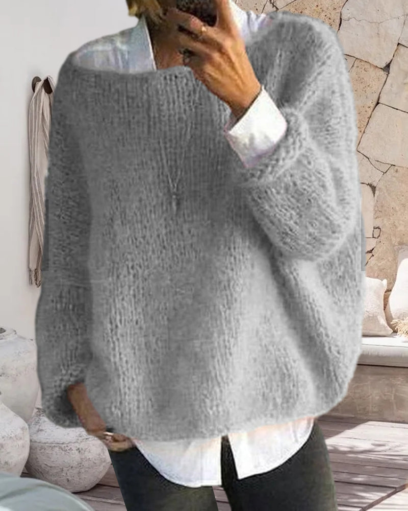 Oversized Fuzzy Sweater for Women with Boat Neck and Dropped Shoulders in Gray, styled front view