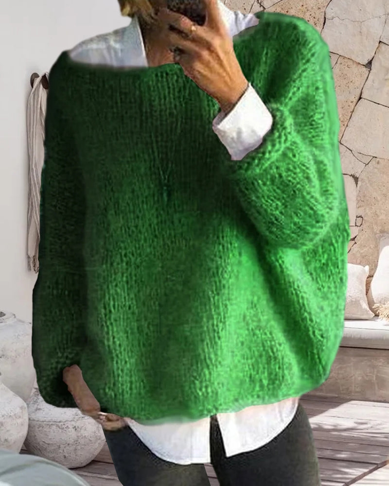 Oversized Fuzzy Sweater for Women with Boat Neck and Dropped Shoulders in Green, front view