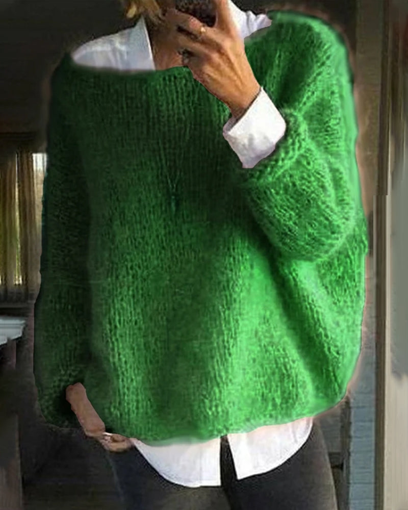 Oversized Fuzzy Sweater for Women with Boat Neck and Dropped Shoulders in Green, front view indoors