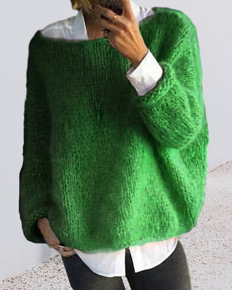 Oversized Fuzzy Sweater for Women with Boat Neck and Dropped Shoulders in Green, styled front view