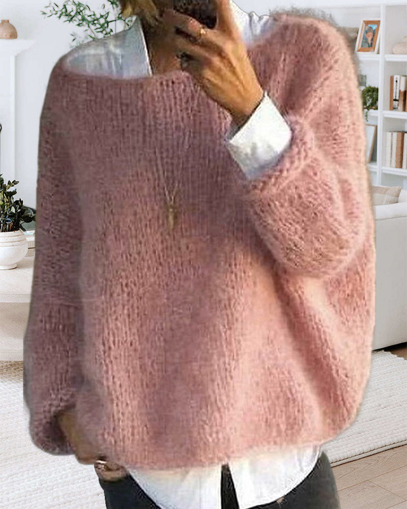 Oversized Fuzzy Sweater for Women with Boat Neck and Dropped Shoulders in Pink, front view indoors