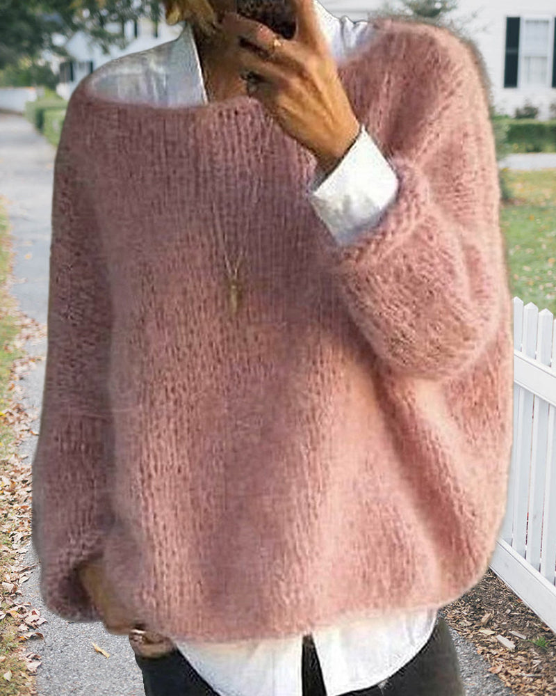 Oversized Fuzzy Sweater for Women with Boat Neck and Dropped Shoulders in Pink, front view outdoors