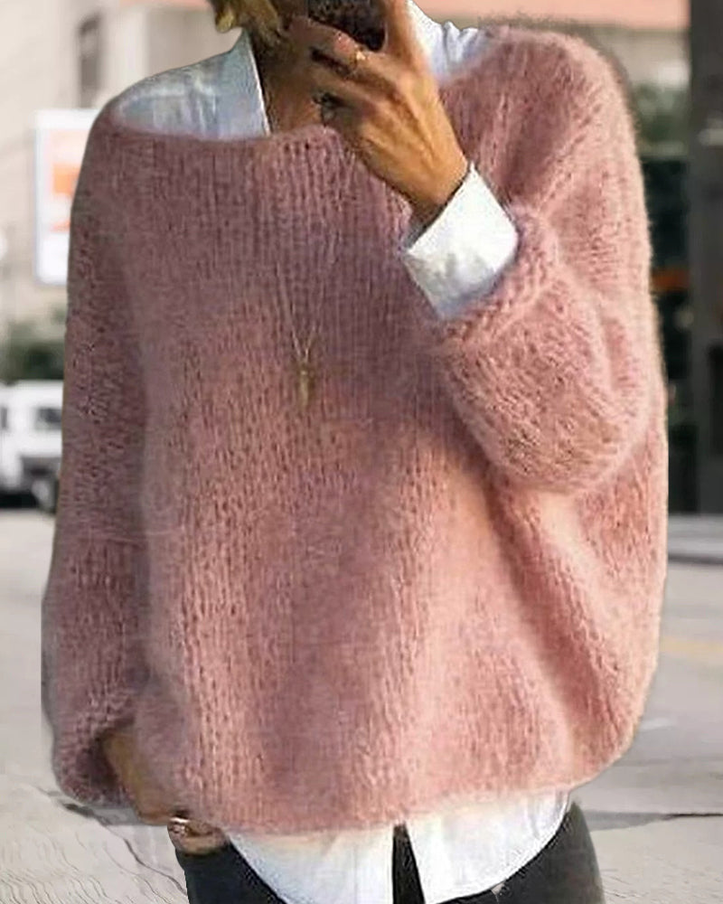 Oversized Fuzzy Sweater for Women with Boat Neck and Dropped Shoulders in Pink, styled front view