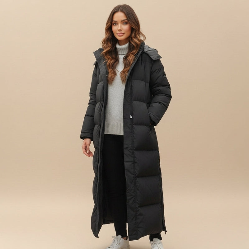 Extra Long Puffer Coat for Women with Hood and Side Pockets in Black, front view